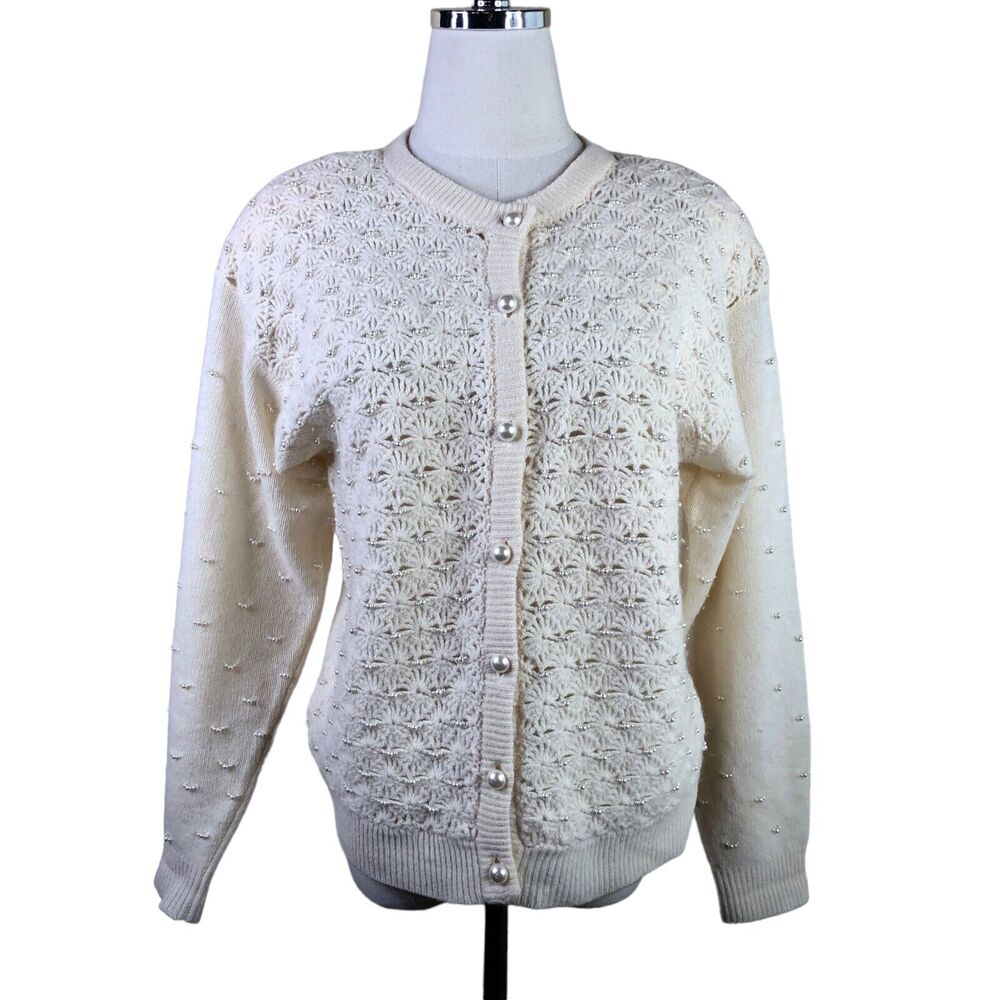 Marisa Christina Vintage Sweater Ivory Pearl Stud Lambs Wool Cardigan